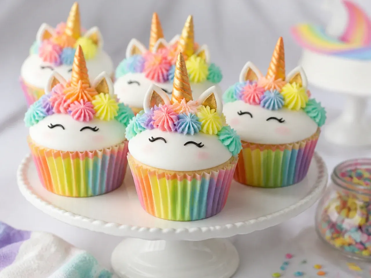 Charming rainbow unicorn cupcakes with mini piped manes and gold fondant horns