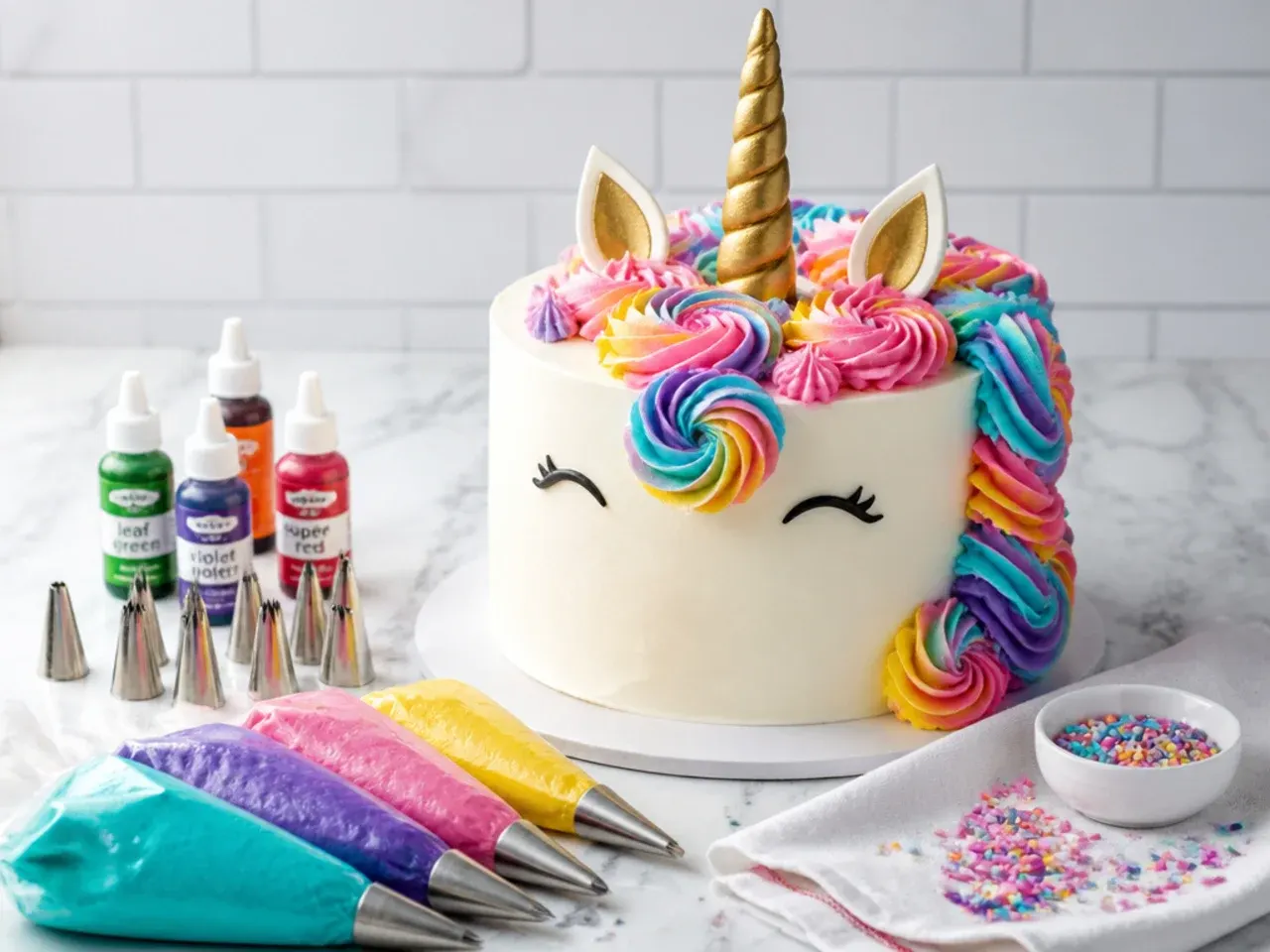 Rainbow unicorn cake decorating tips with piping bags, tips, and gel colors laid out