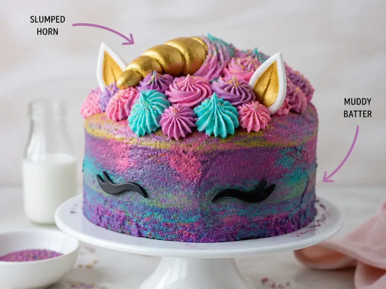 Common rainbow unicorn cake mistakes shown with a slumped horn and muddy batter