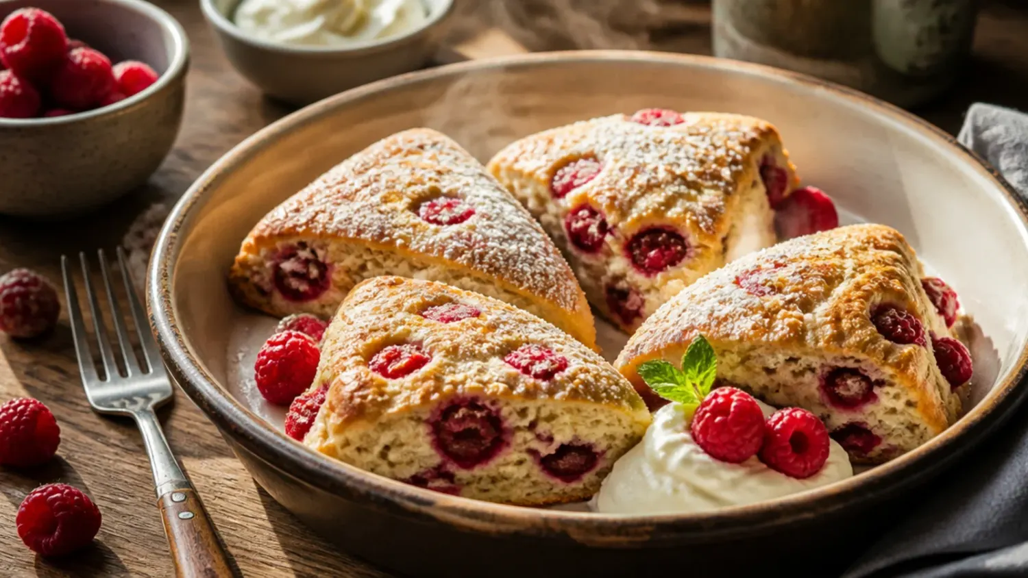 A batch of golden raspberry scones split open on a wire rack, showing a flaky crumb studded with whole raspberries and finished with a lemon glaze.
