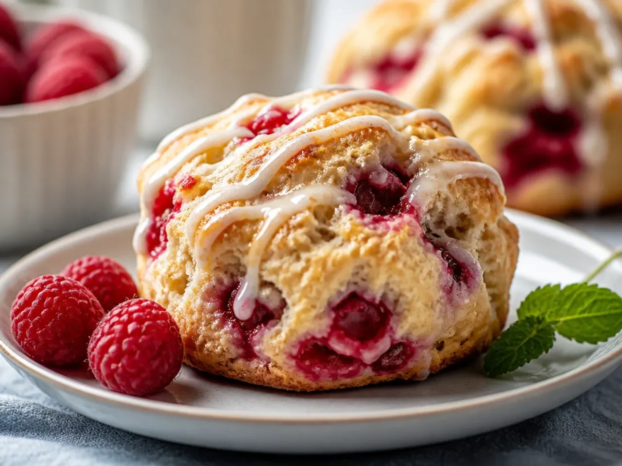 Overhead shot of freshly baked raspberry scones cooling on a wire rack next to a lemon and a bowl of raspberries.