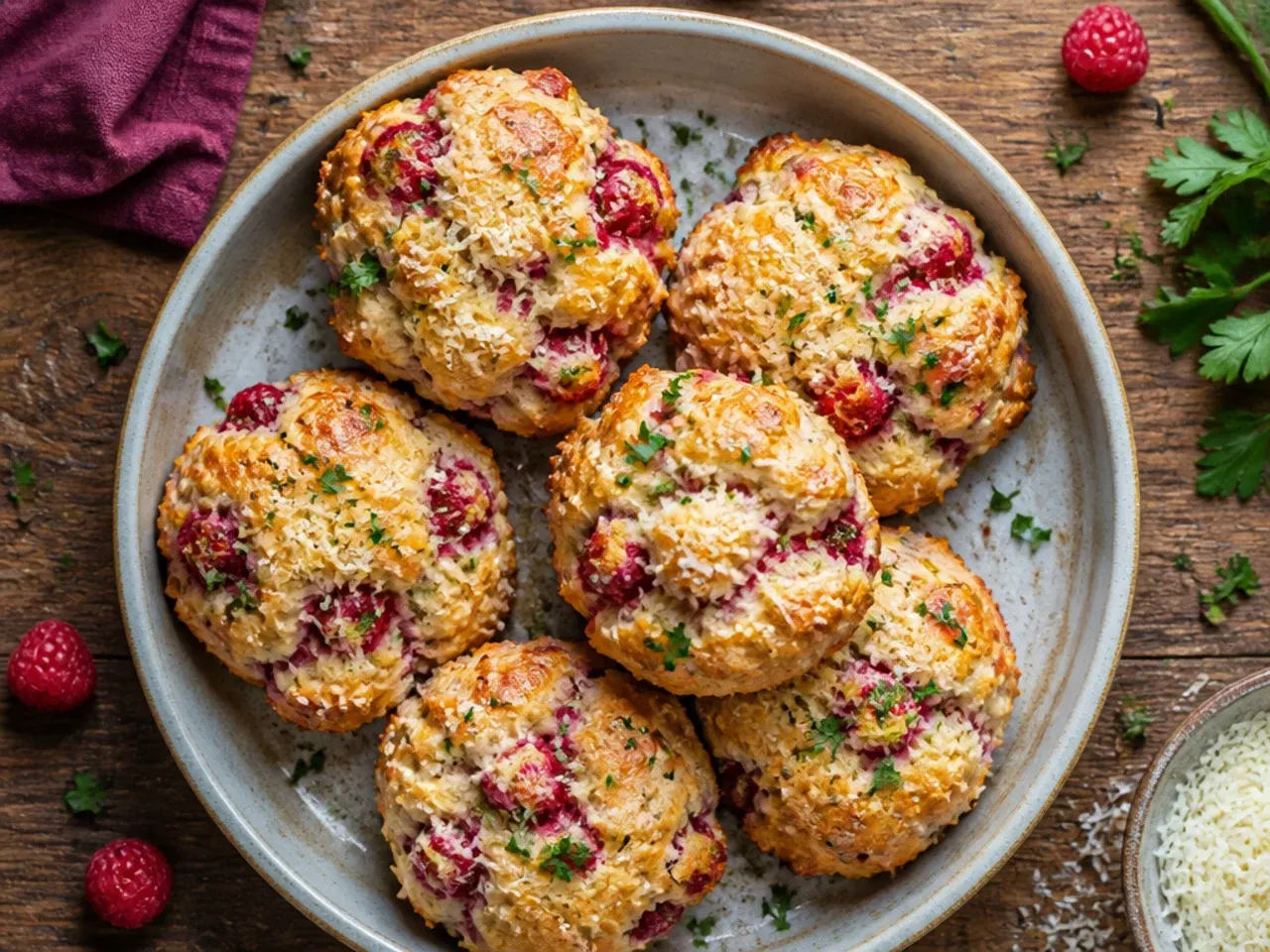 Wedge-cut classic raspberry scones on a baking tray brushed with egg wash and demerara sugar before going into the oven.
