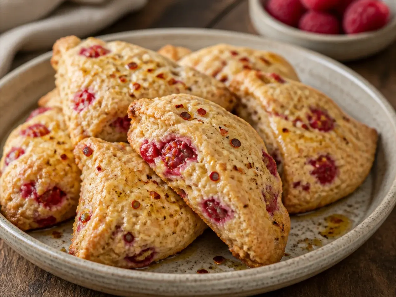 A single mixing bowl of raspberry scone dough with a box grater and stick of butter beside it.