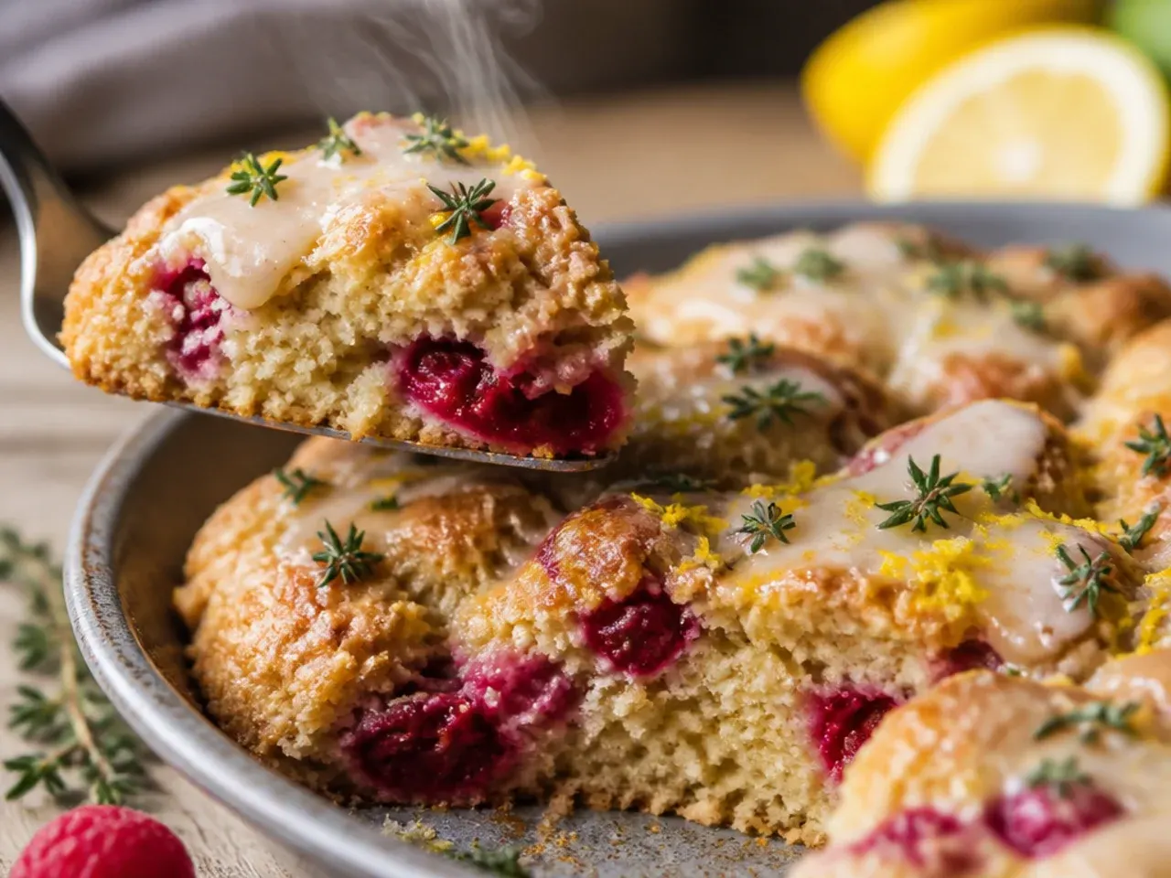 Fresh raspberry and lemon scones drizzled with white lemon glaze, with lemon zest curls scattered on top.