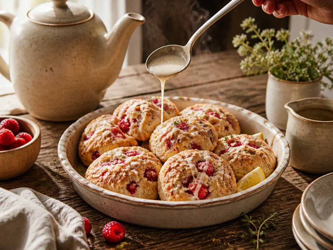 Spiced raspberry cinnamon scones on a rustic wooden board with a small jug of maple glaze.