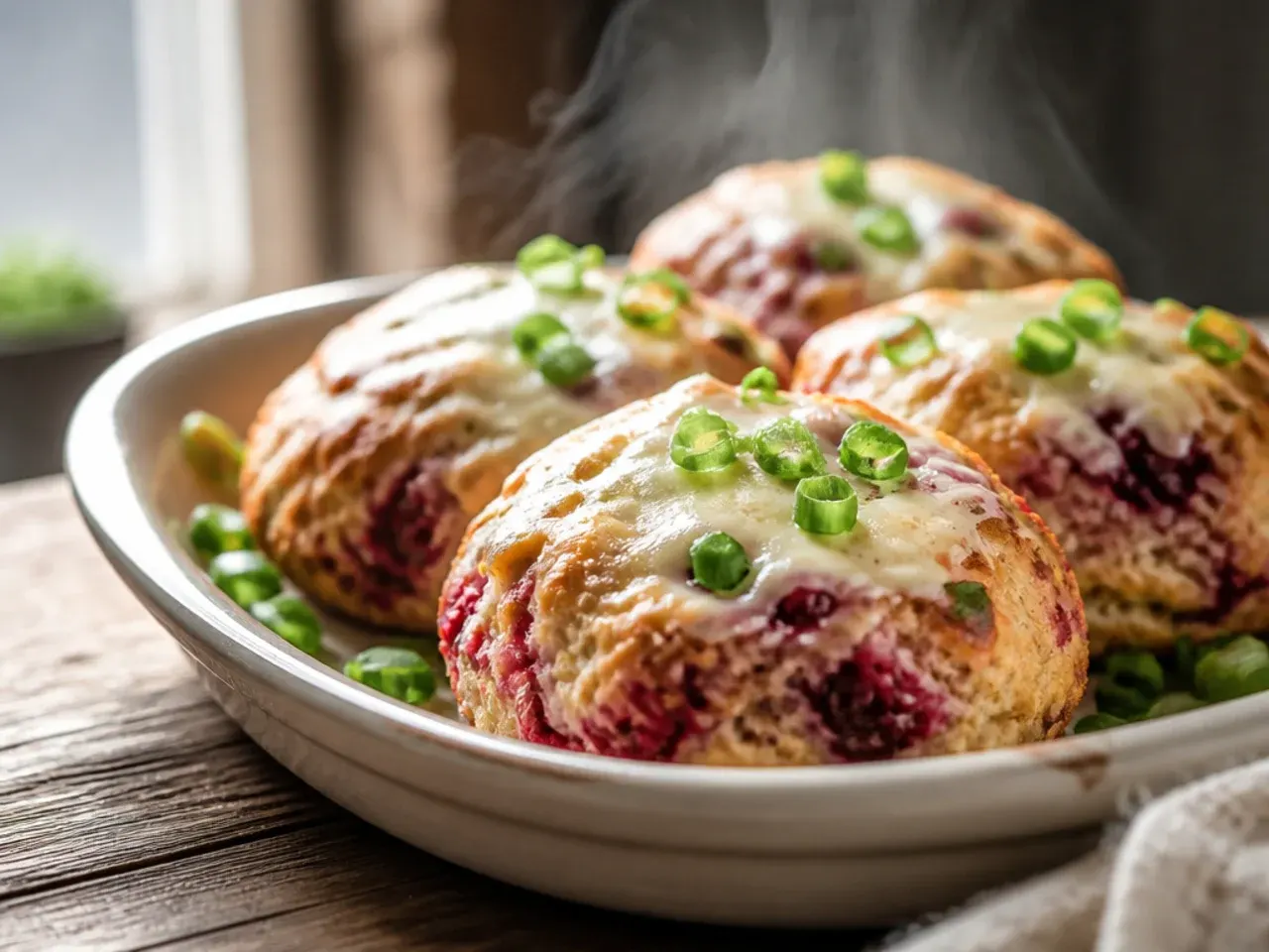 A raspberry cream cheese scone broken in half showing a swirl of soft cream cheese through the crumb.