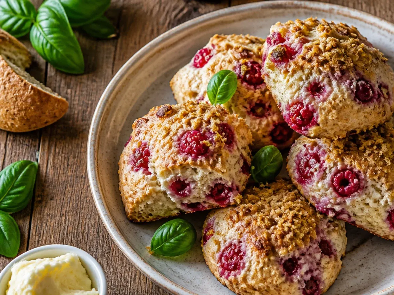 Five simple ingredients for raspberry scones laid out on a countertop: flour, butter, cream, sugar and raspberries.