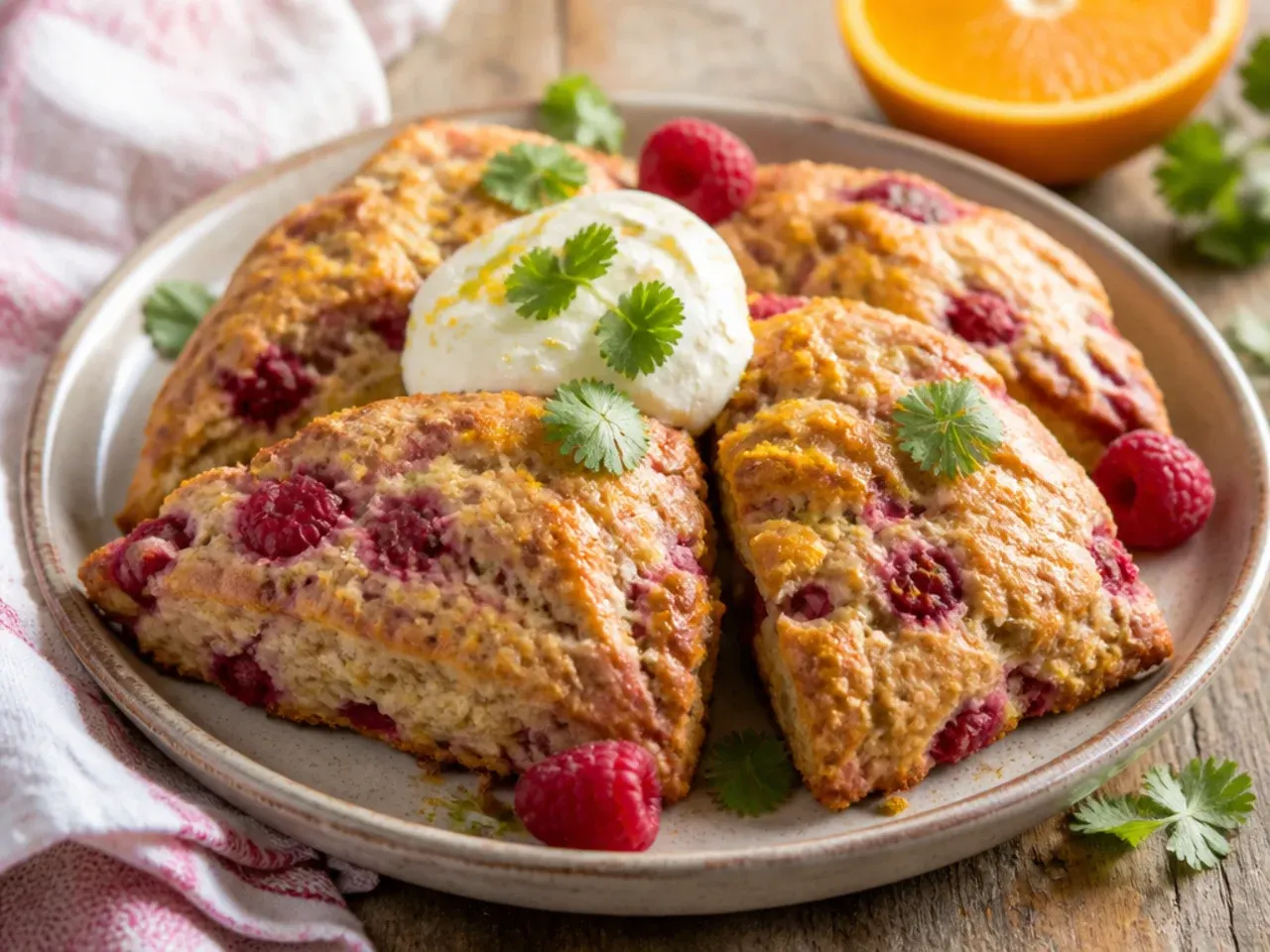 Raspberry orange scones plated with orange wedges and a light orange glaze drizzled over the top.