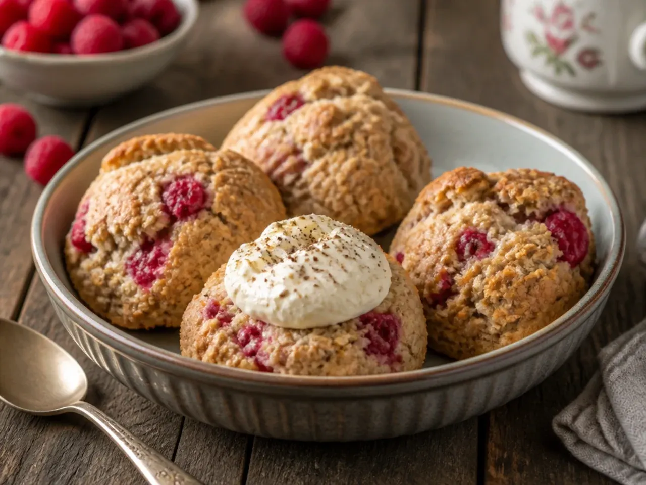 Rustic wholemeal raspberry scones with a darker, nutty-looking crumb, served with a bowl of natural yogurt.
