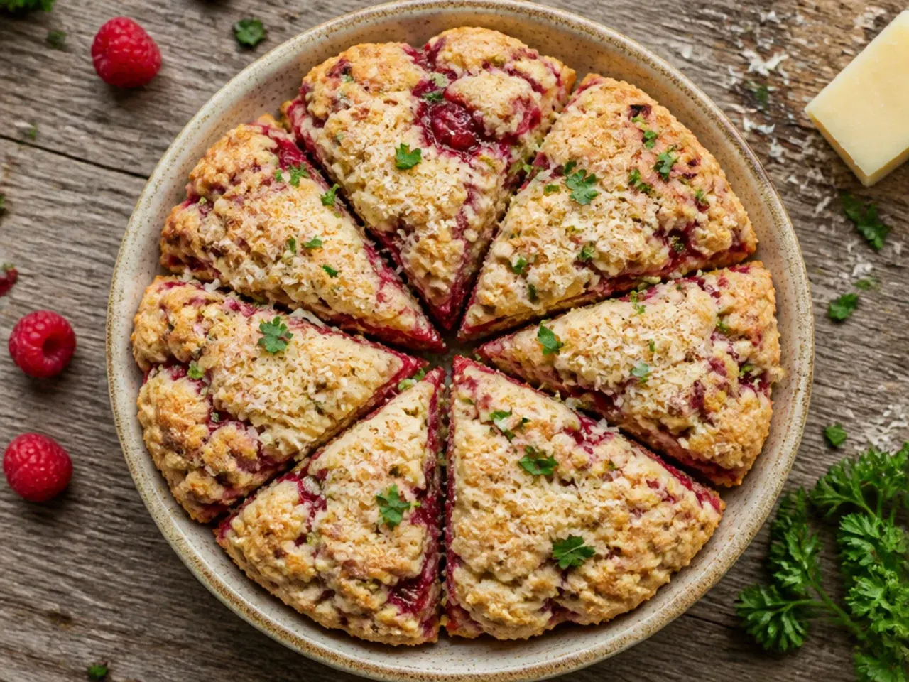 A raspberry scone cut open to show a marbled swirl of raspberry jam running through the dough.