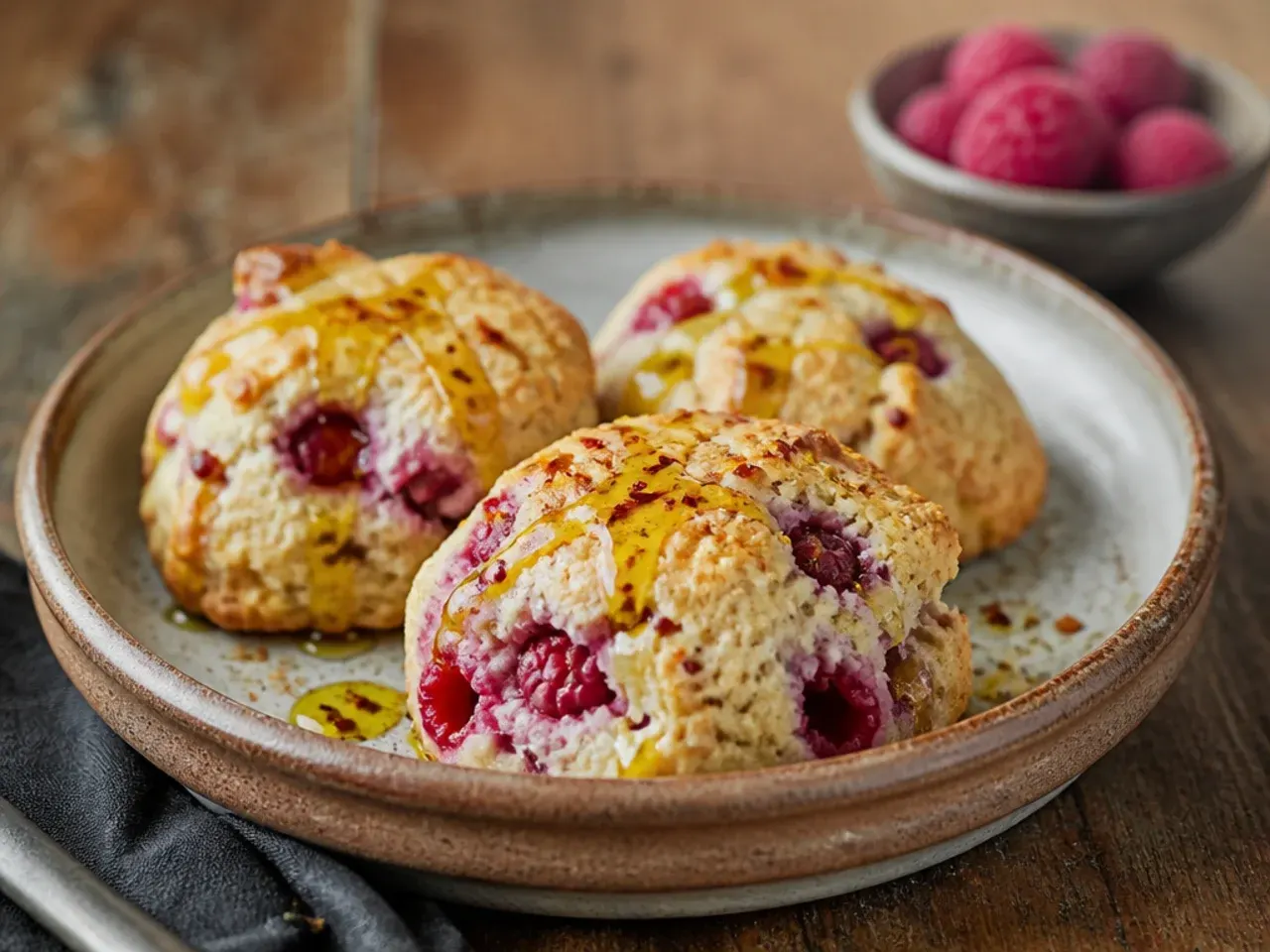A tray of raspberry scones going straight into the oven with an oven timer set to 20 minutes visible nearby.