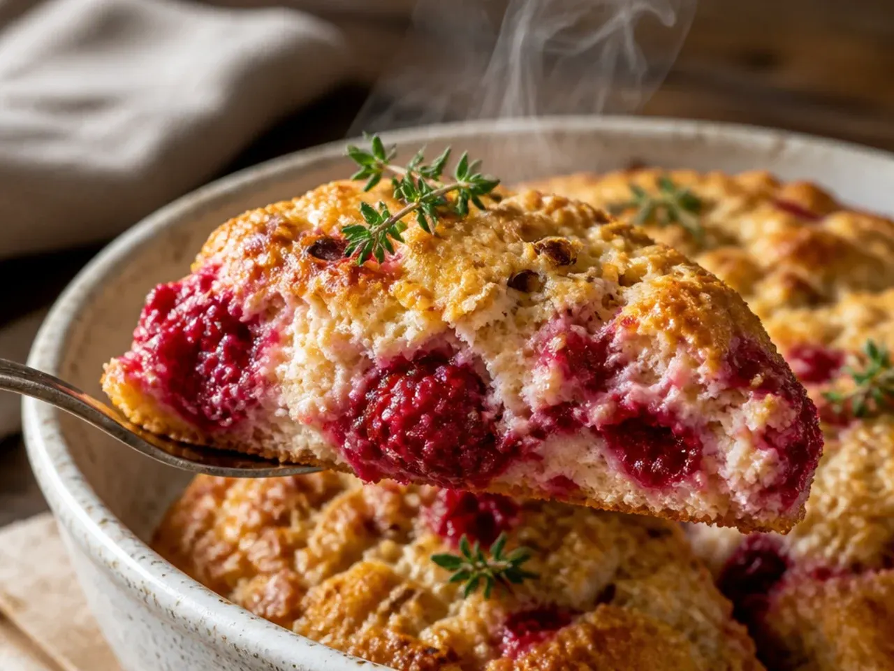 Rustic, free-form raspberry scone mounds with craggy, uneven tops dusted in sugar before baking.