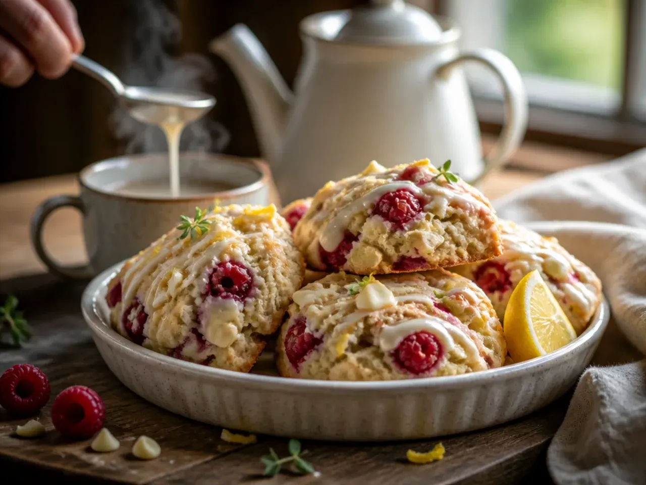 Loaded raspberry white chocolate scones drizzled with melted white chocolate on a cooling rack.