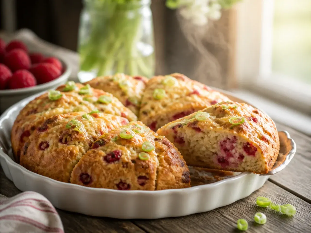 A large scored raspberry scone traybake fresh from the oven, cut into wedges in the baking tin.