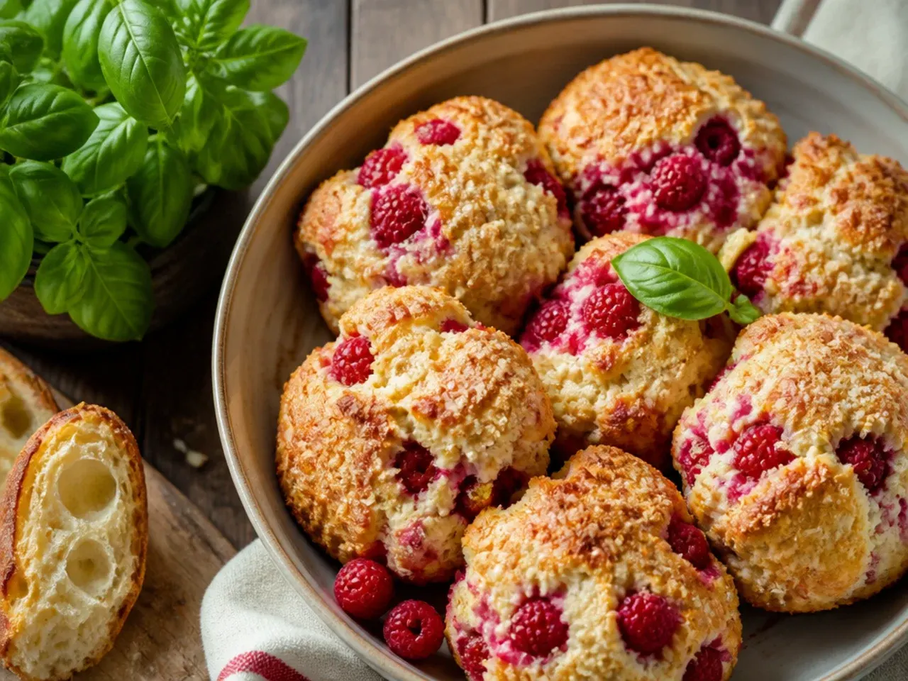 A tall, deeply layered bakery-style raspberry scone split open to show flaky, laminated layers.