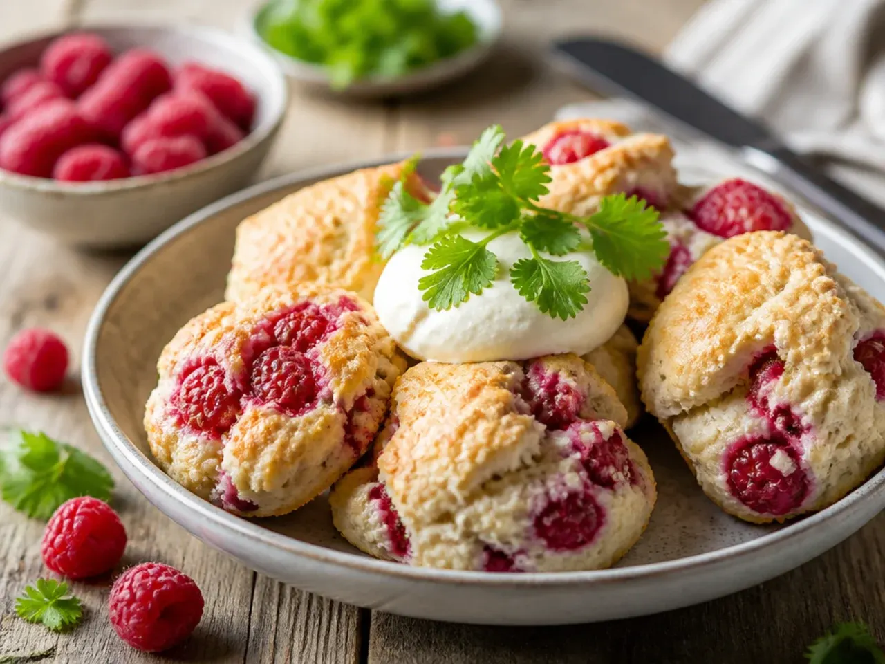 A bag of frozen raspberries beside a bowl of scone dough, ready to be folded together quickly.