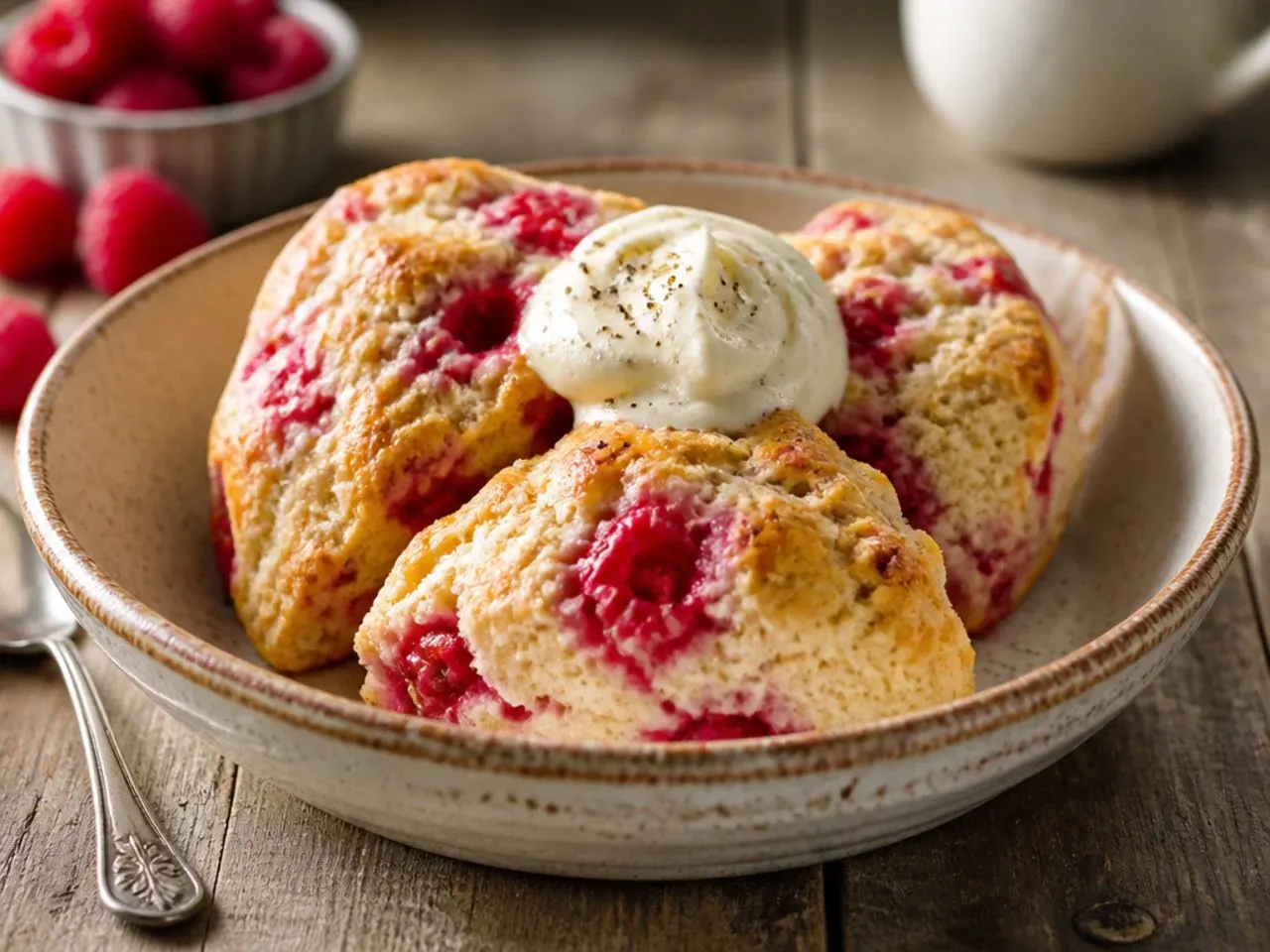 A cross-section of a double raspberry scone showing both whole berries and a jam swirl running through it.
