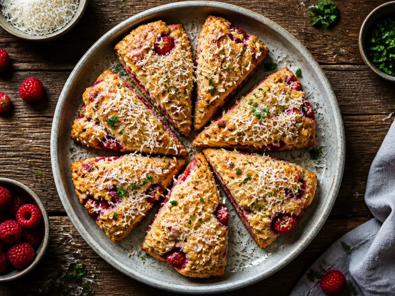 A bowl of thick Greek yogurt being folded into raspberry scone dough with a wooden spoon.