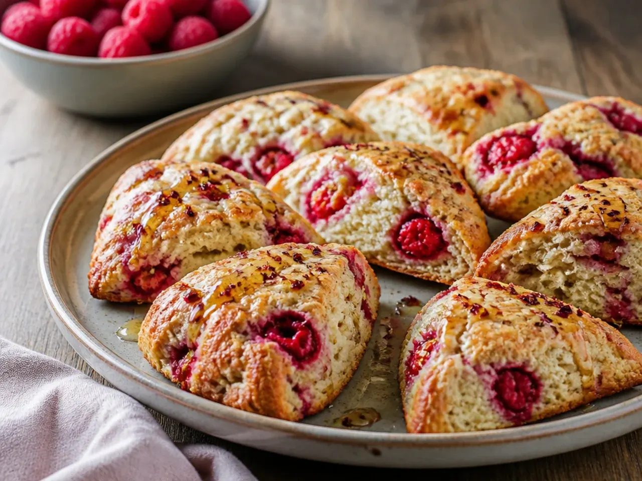 Tall, well-risen buttermilk raspberry scones cooling on a rack with a jug of buttermilk in the background.