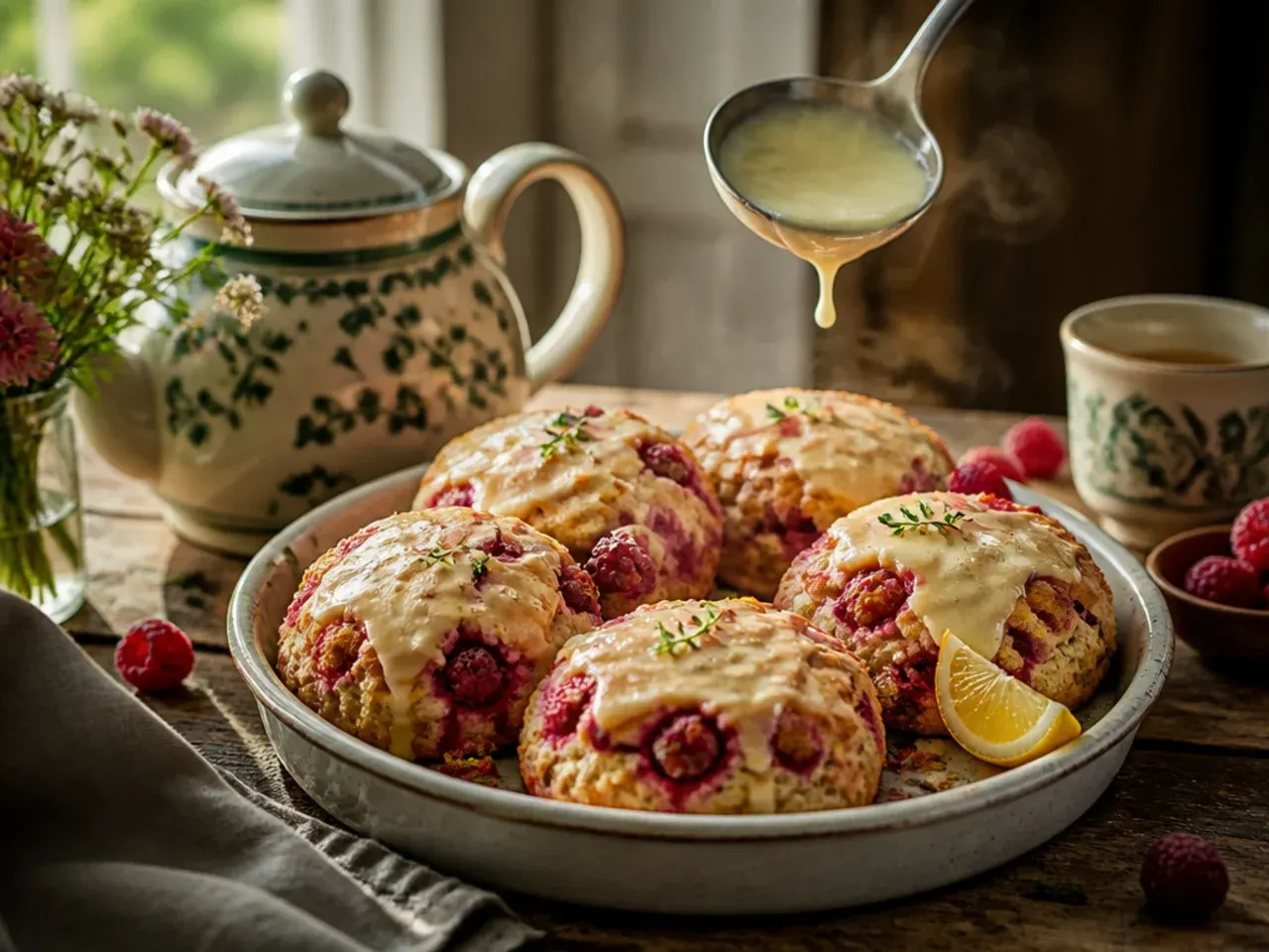 A split raspberry scone spread thickly with clotted cream and raspberry jam on a vintage plate.