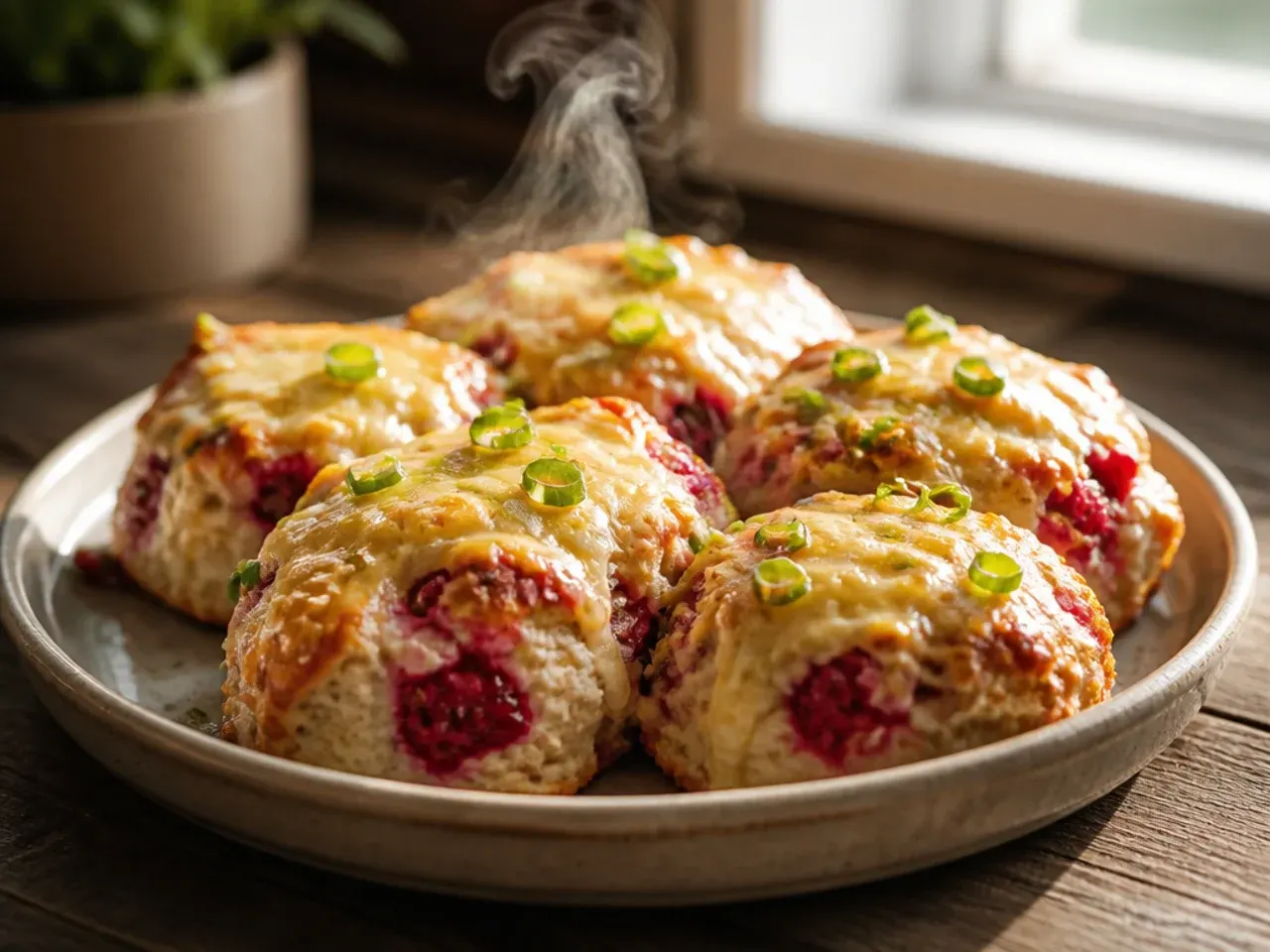 Soft, moist sour cream raspberry scones stacked on a plate with a tub of sour cream nearby.