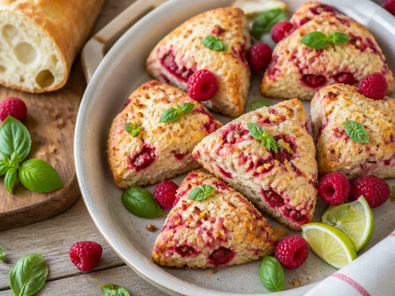 Raspberry lime scones with a pale green-tinged glaze, garnished with lime zest curls.