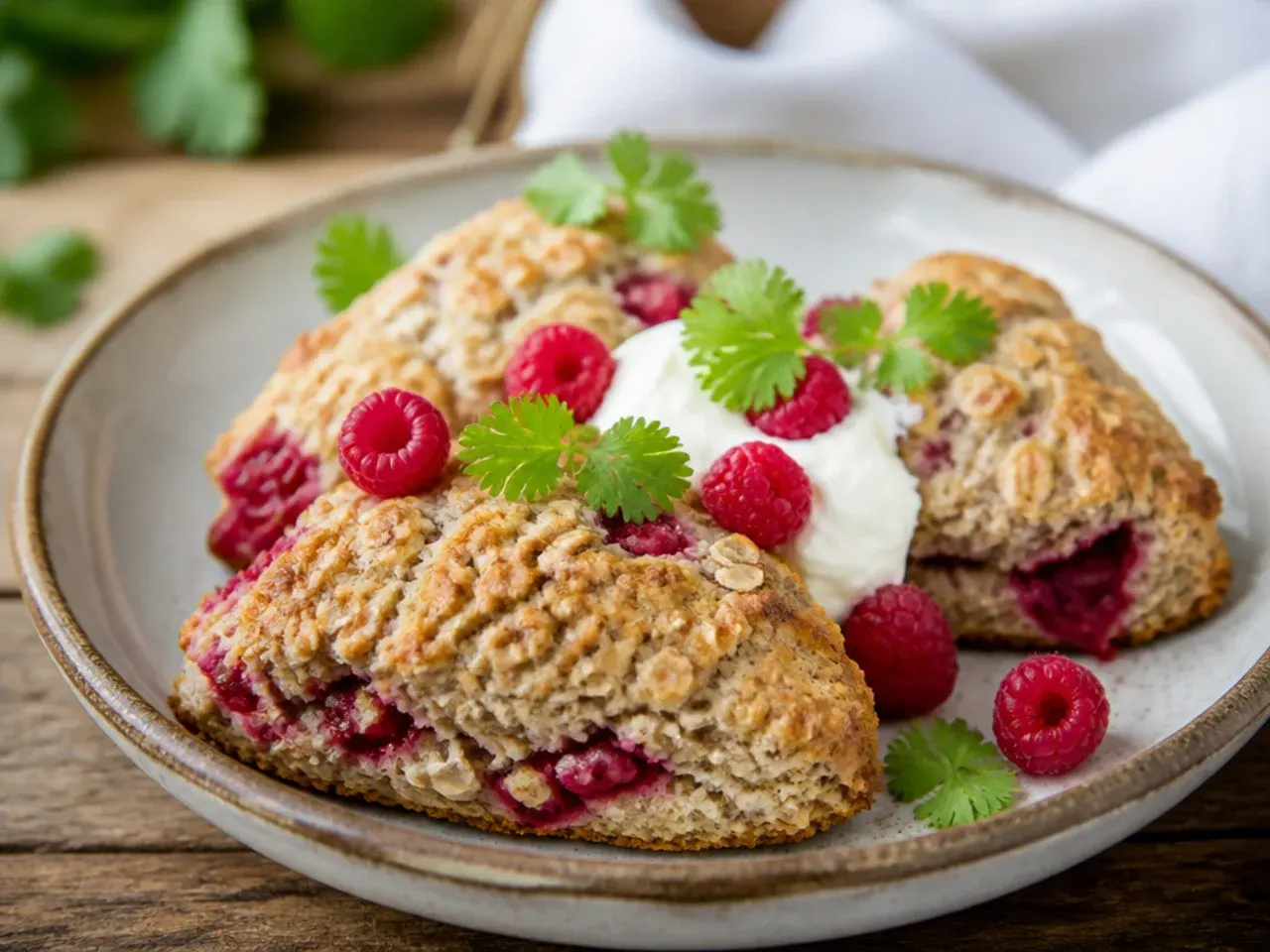 Oat-topped raspberry scones with visible rolled oats pressed into the golden crust.