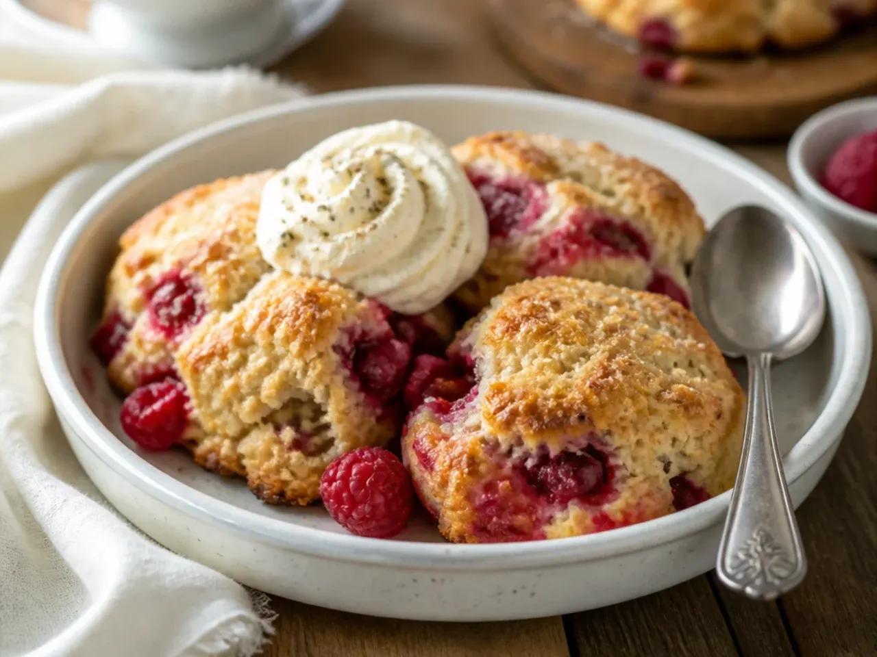 A bag of frozen mixed berries being folded into pale scone dough on a floured surface.