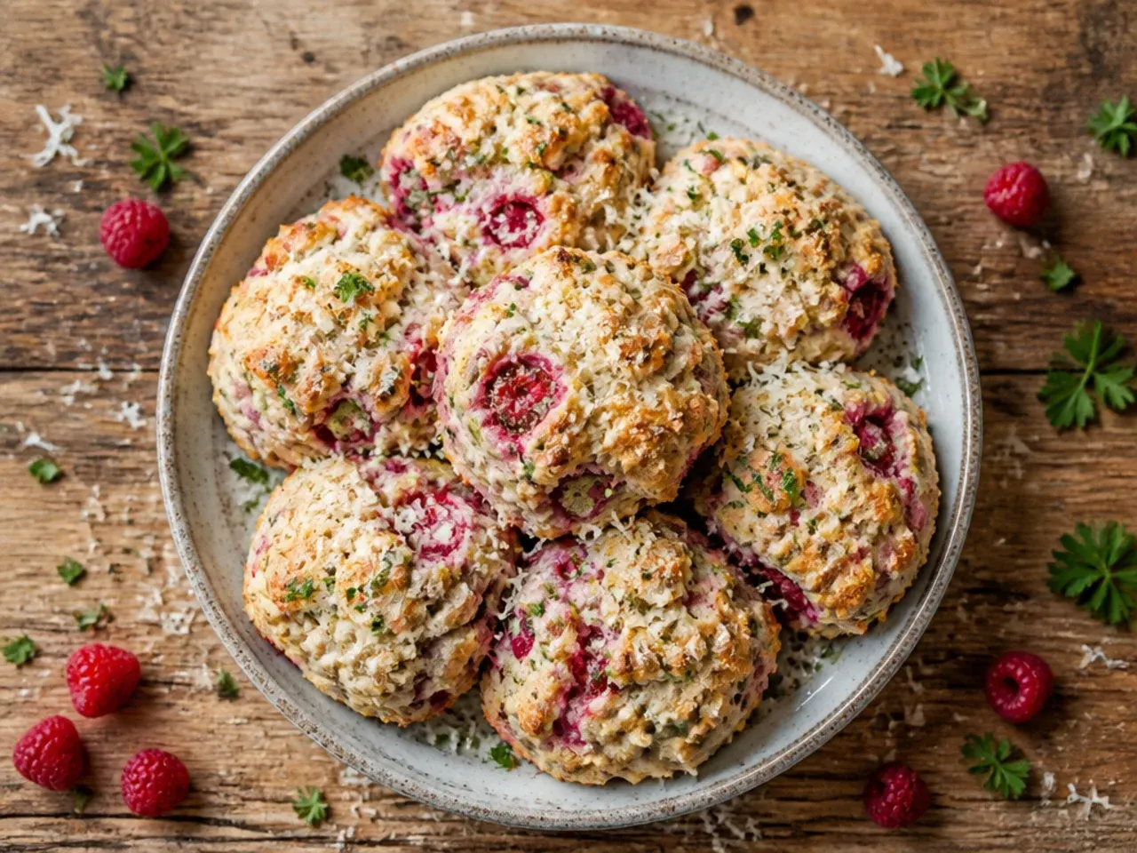 Heaped spoonfuls of raspberry scone dough dropped onto a baking tray with craggy, uneven edges.