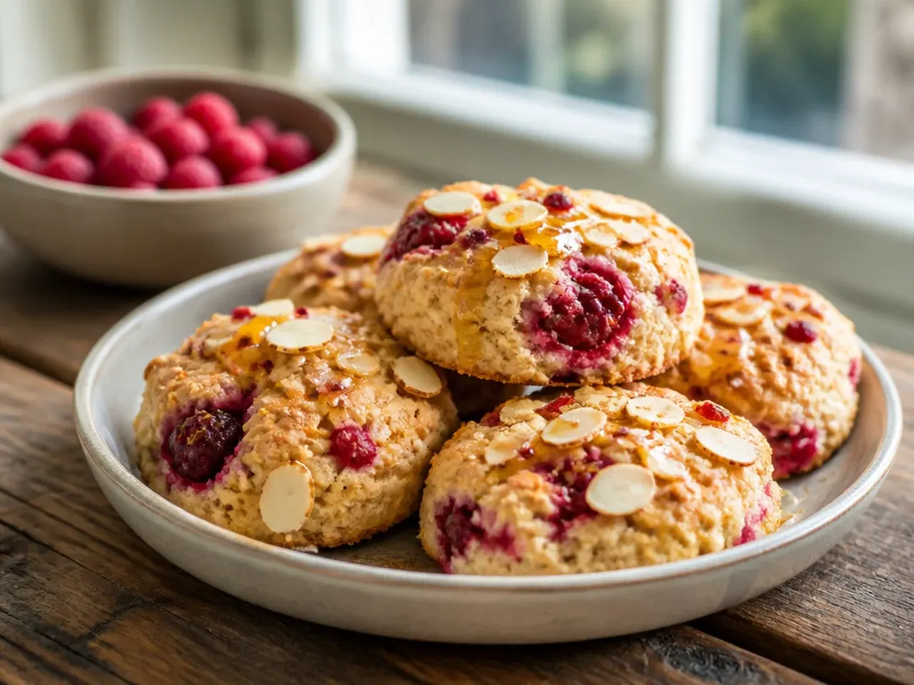 Raspberry almond scones topped with toasted flaked almonds and a light glaze.
