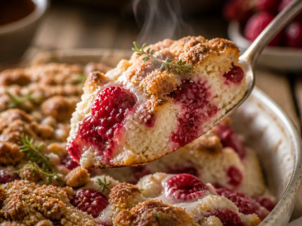 Raspberry scones topped with a thick, golden streusel crumb before baking.