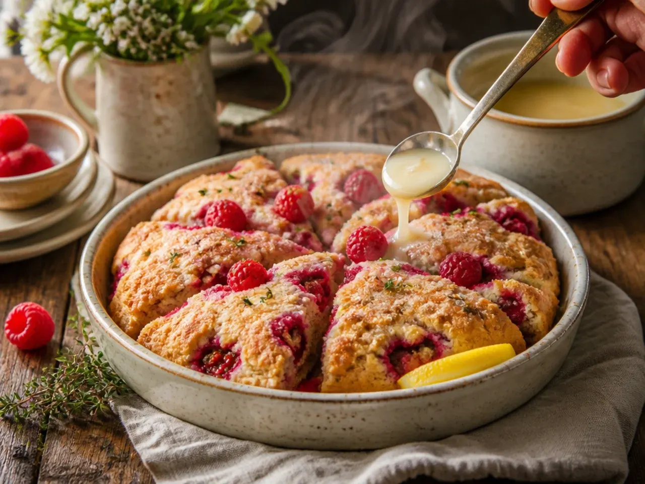 A sliced raspberry scone loaf on a wooden board, showing an even crumb studded with raspberries.
