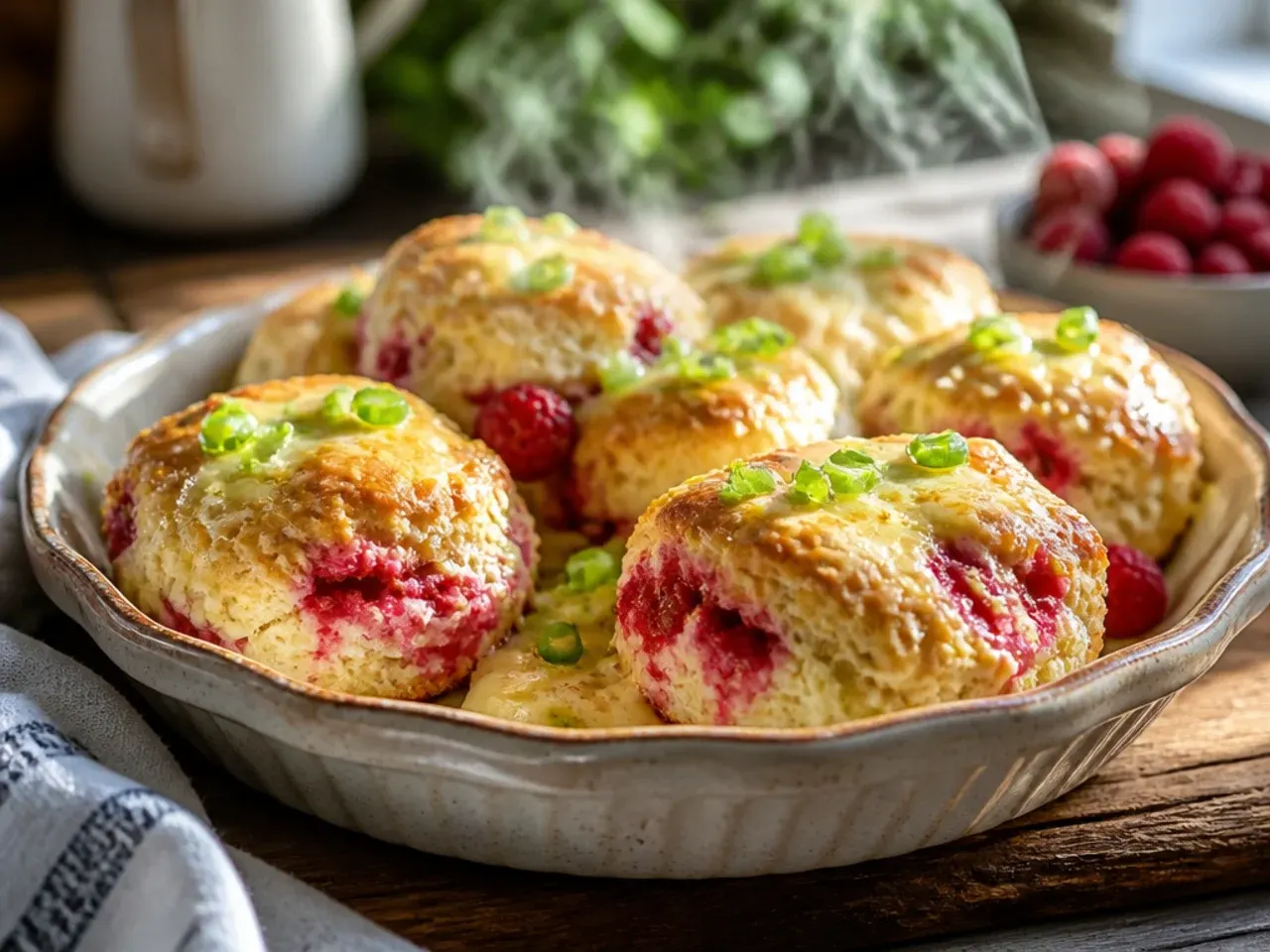 Vanilla bean raspberry scones with visible vanilla seed flecks in the glaze, split open on a plate.