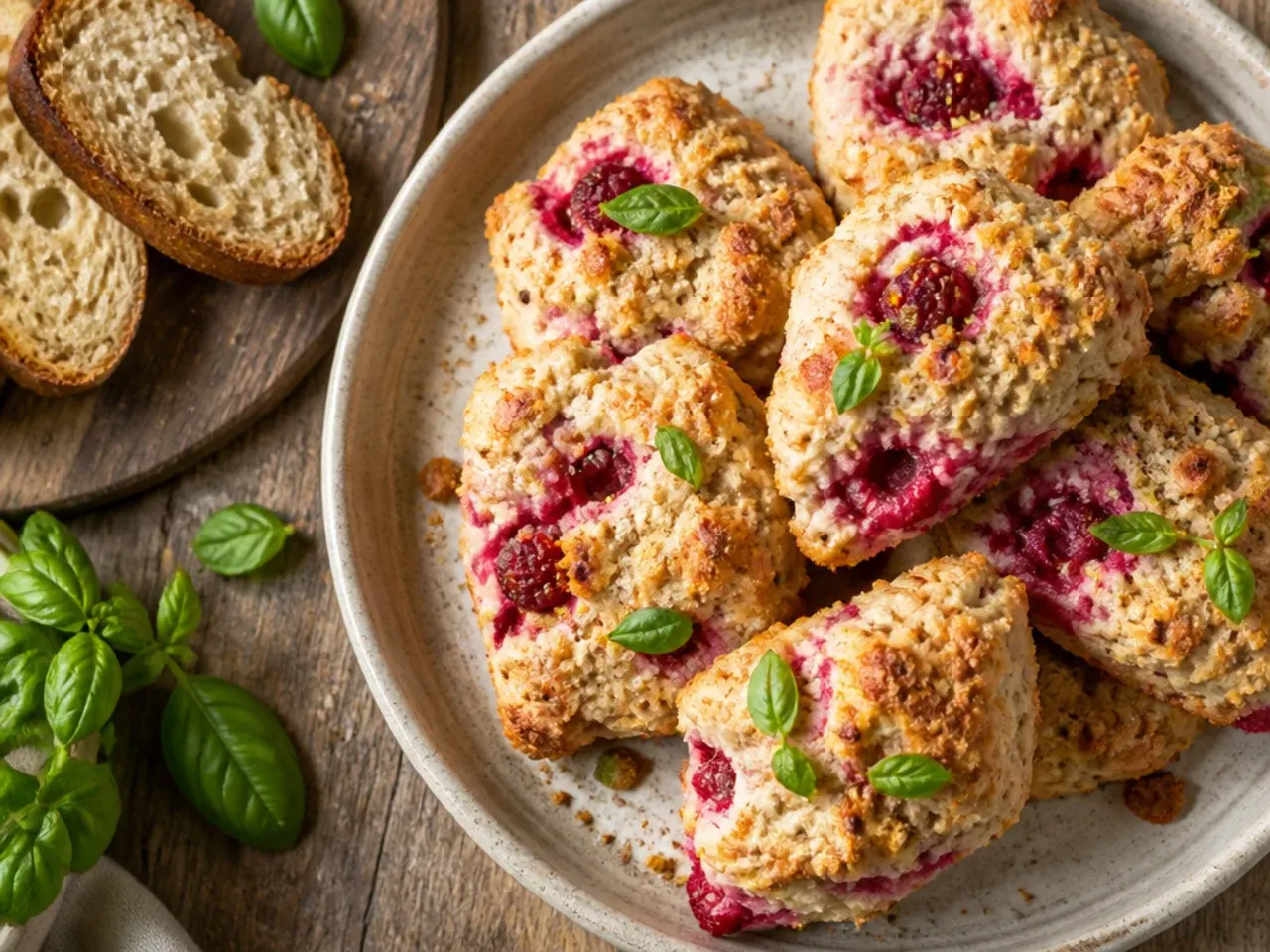 A platter of bite-sized mini raspberry scones arranged for a party alongside tea cups.