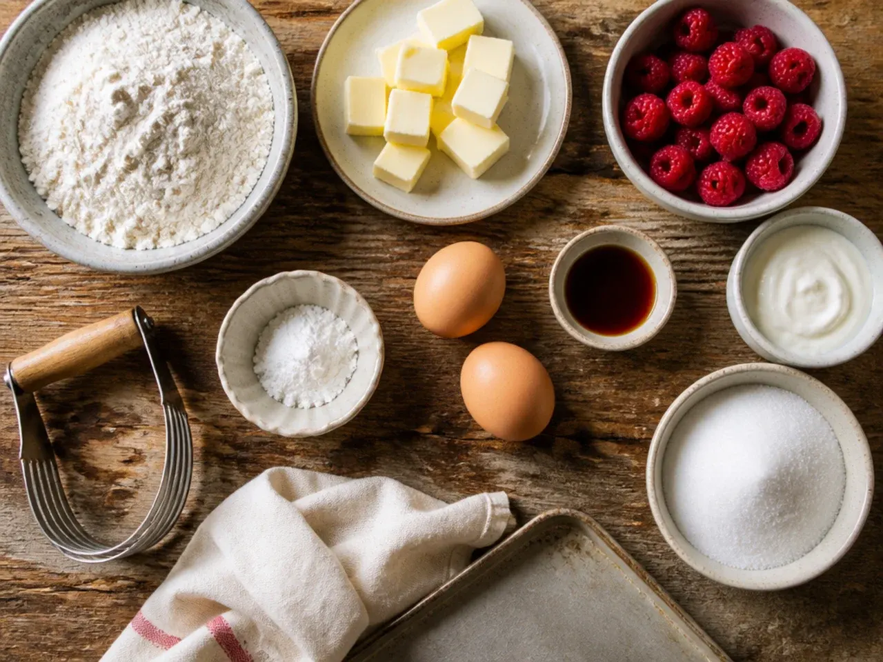 Close-up of cold cubed butter being cut into flour with a pastry cutter for raspberry scone dough.
