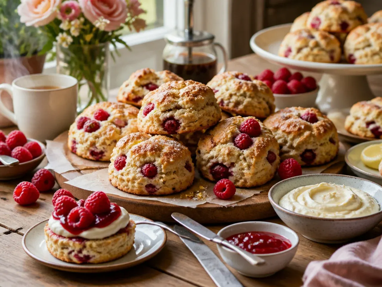A cream tea spread with split raspberry scones, clotted cream, raspberry jam, and a pot of tea.