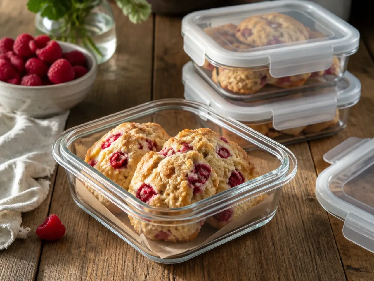Raspberry scones wrapped in parchment paper and stored in a glass airtight container.