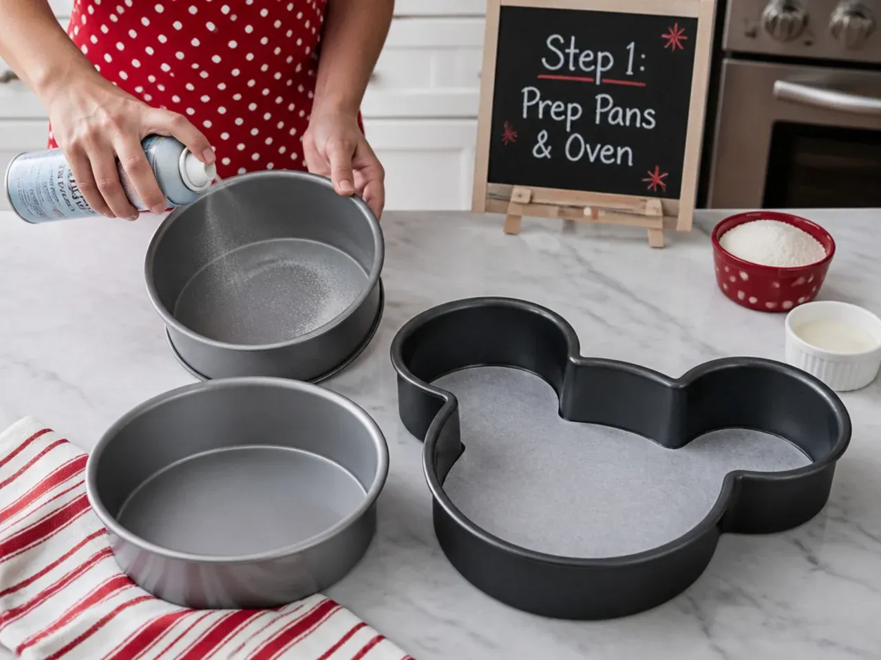 red minnie mouse cake — step 1: prep pans and oven