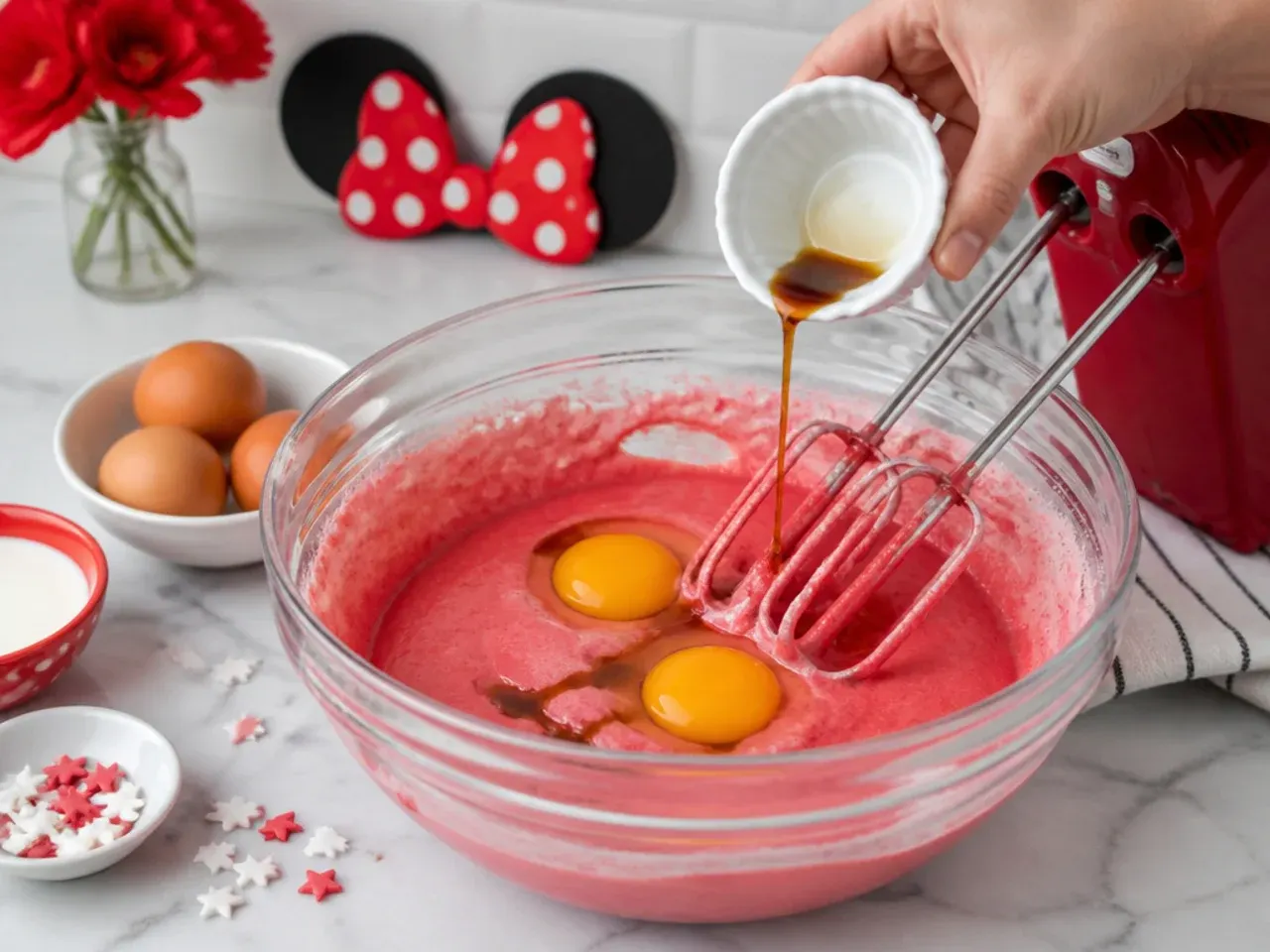 red minnie mouse cake — step 3: add eggs and vanilla