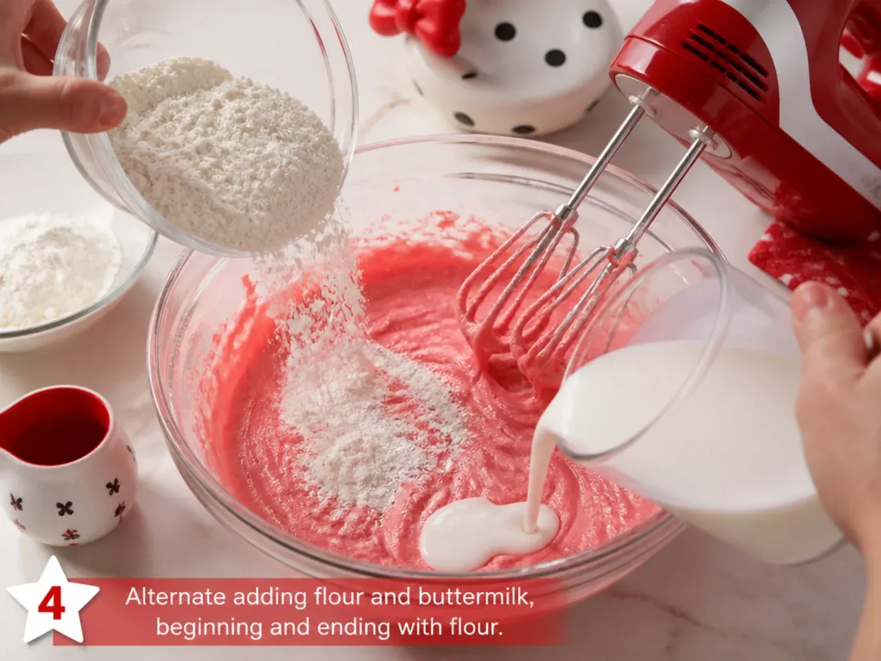 red minnie mouse cake — step 4: alternate flour and buttermilk