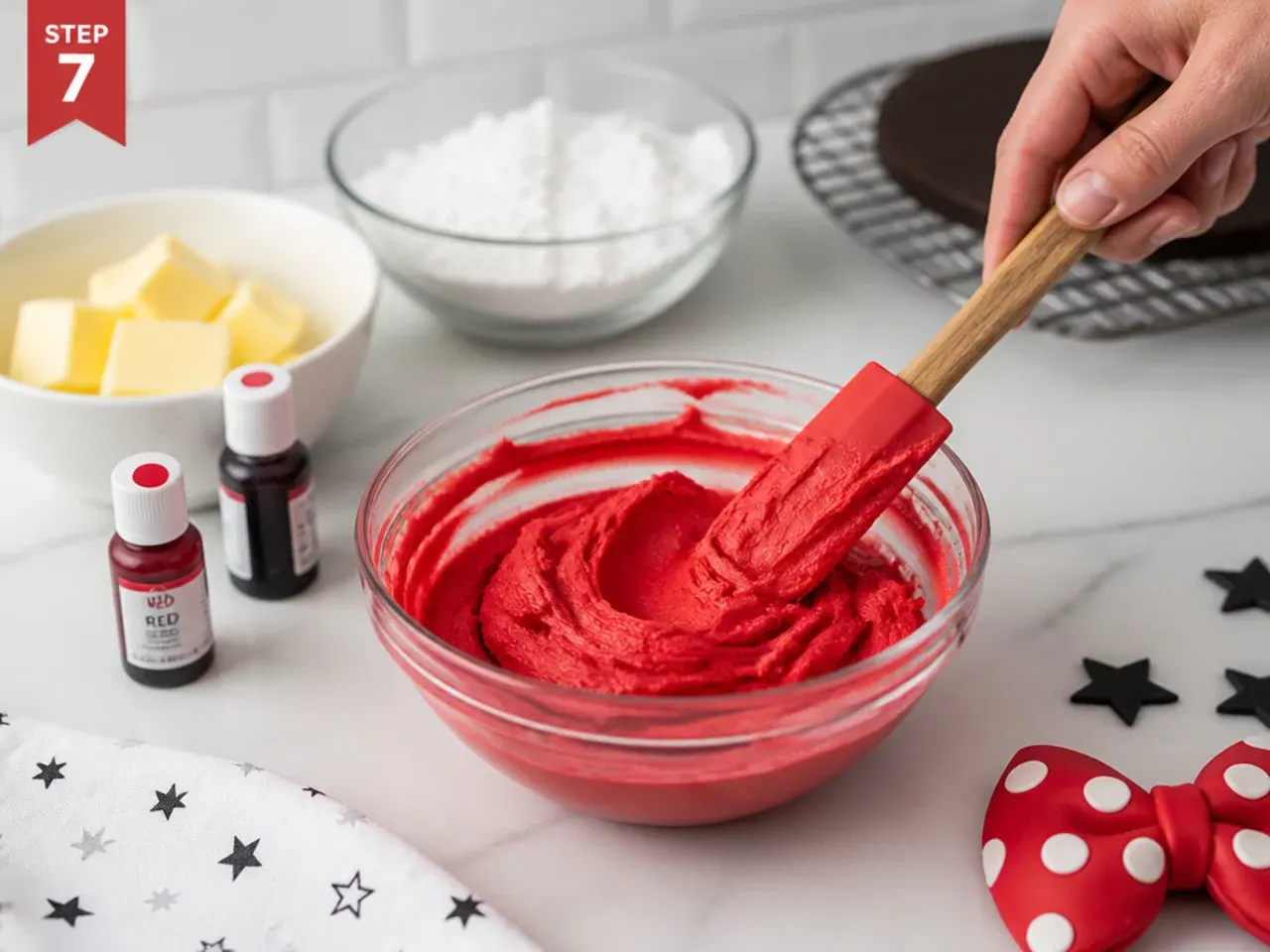 red minnie mouse cake — step 7: make and color the red buttercream