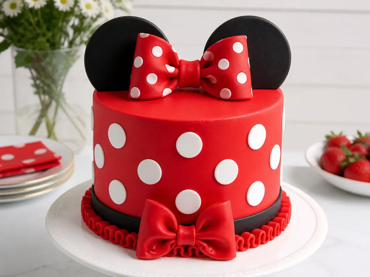 Classic red Minnie Mouse cake with white polka dots, a bow, and rounded ears on top