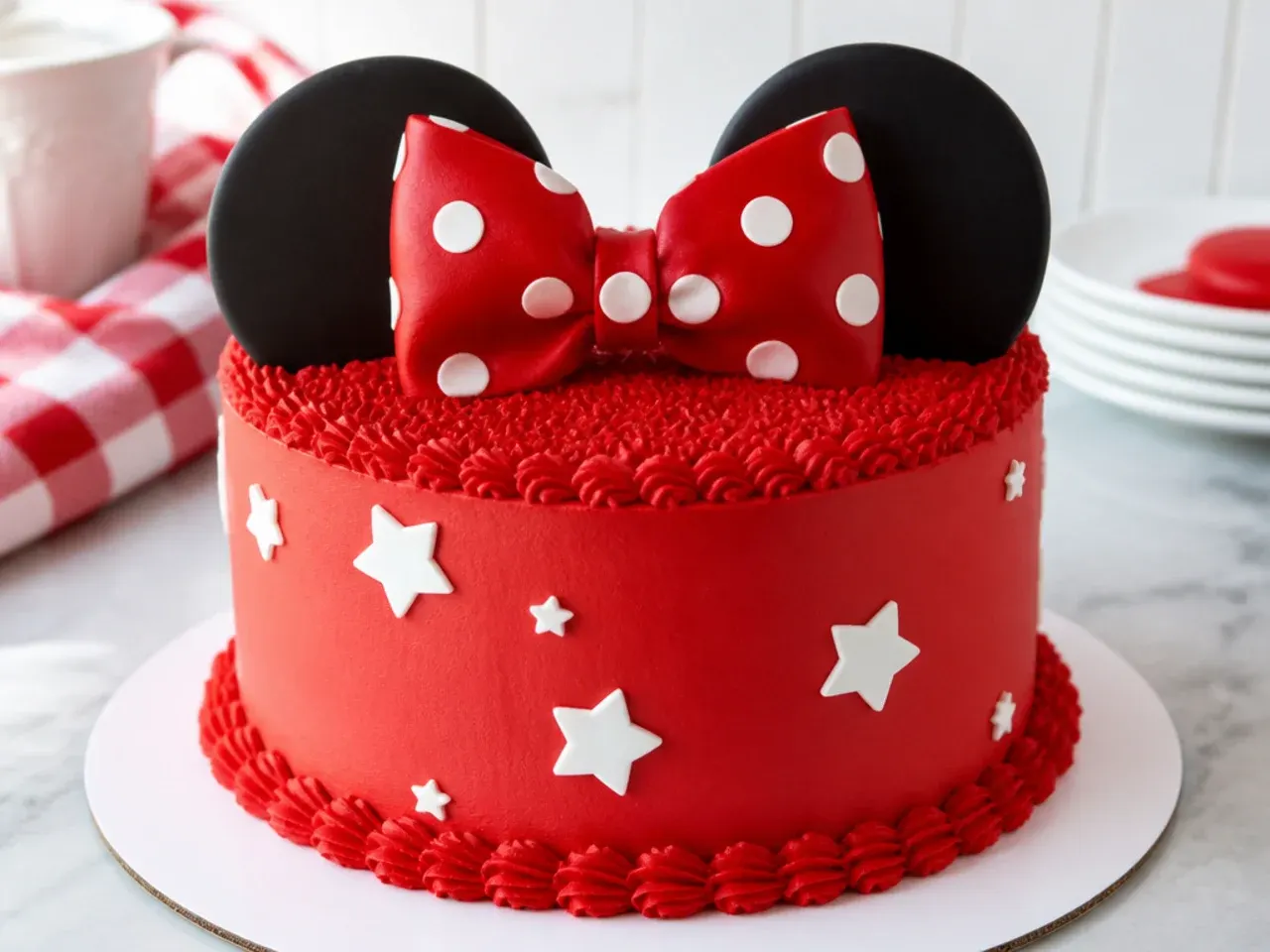 Easy red Minnie Mouse buttercream cake decorated with only two frosting colors