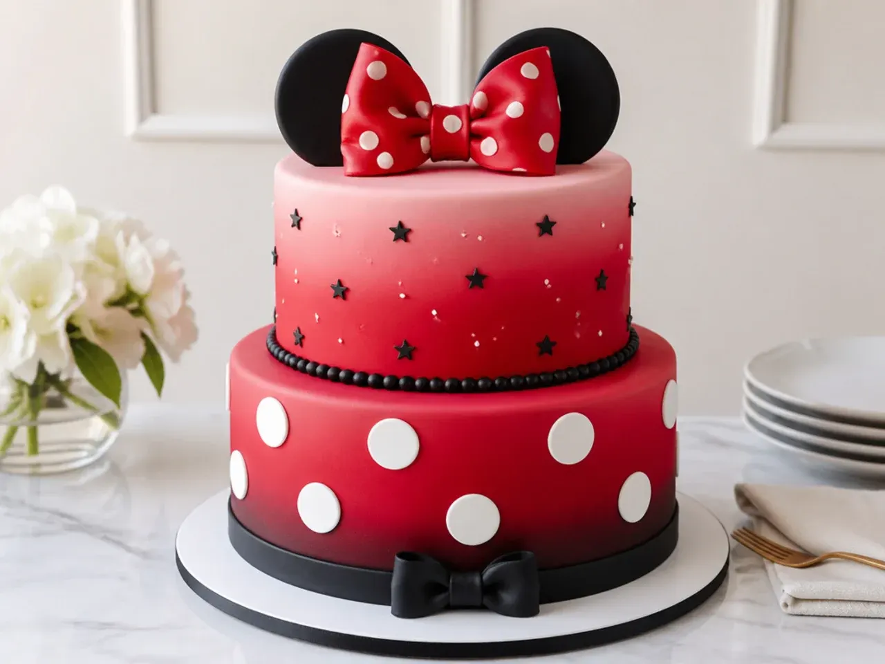 Elegant two-tier red ombre Minnie Mouse inspired cake with a fondant bow