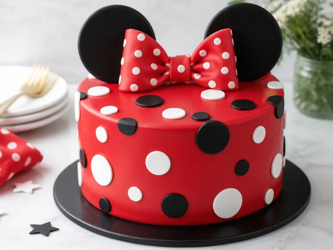 Playful red Minnie Mouse cake covered in scattered white and black polka dots
