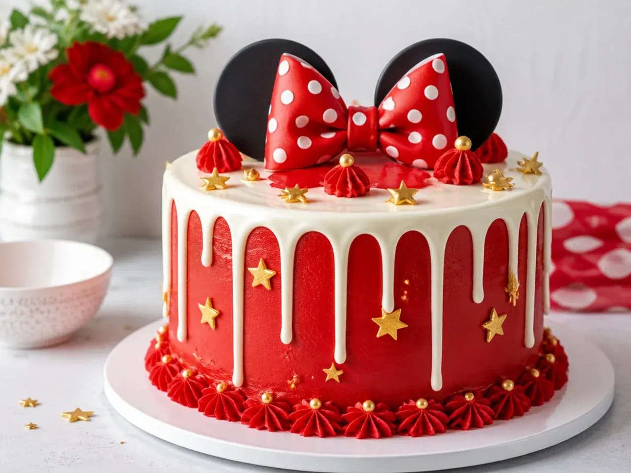 Modern red Minnie Mouse drip cake with white chocolate drips and gold accents