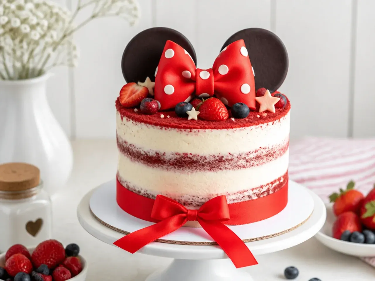 Rustic semi-naked red velvet Minnie Mouse cake with berries and a ribbon bow