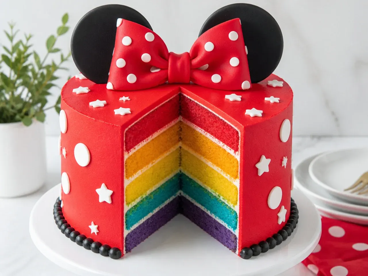Red Minnie Mouse cake exterior hiding colorful rainbow layers inside