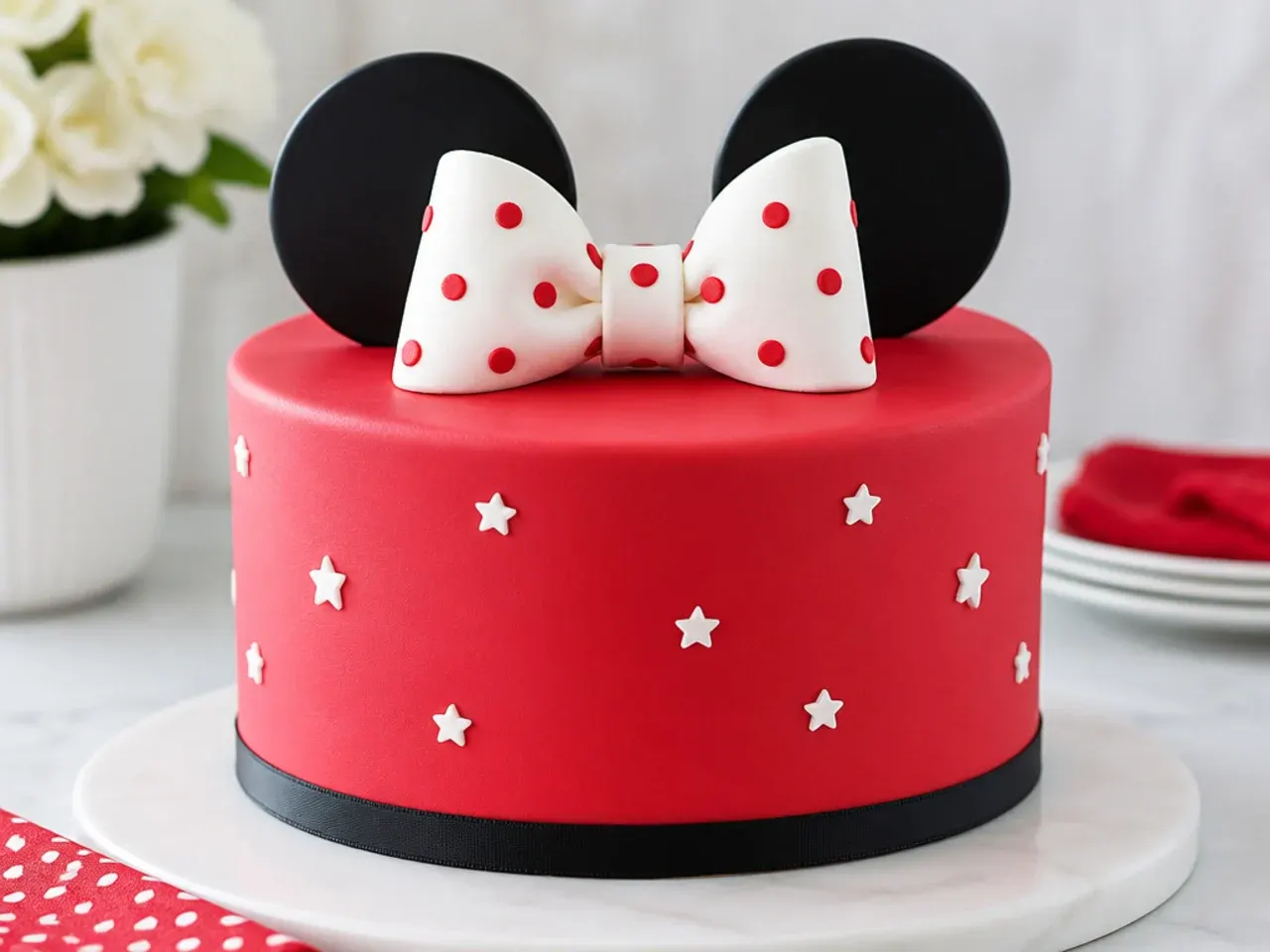 Minimal red Minnie Mouse cake with a smooth finish and one white bow