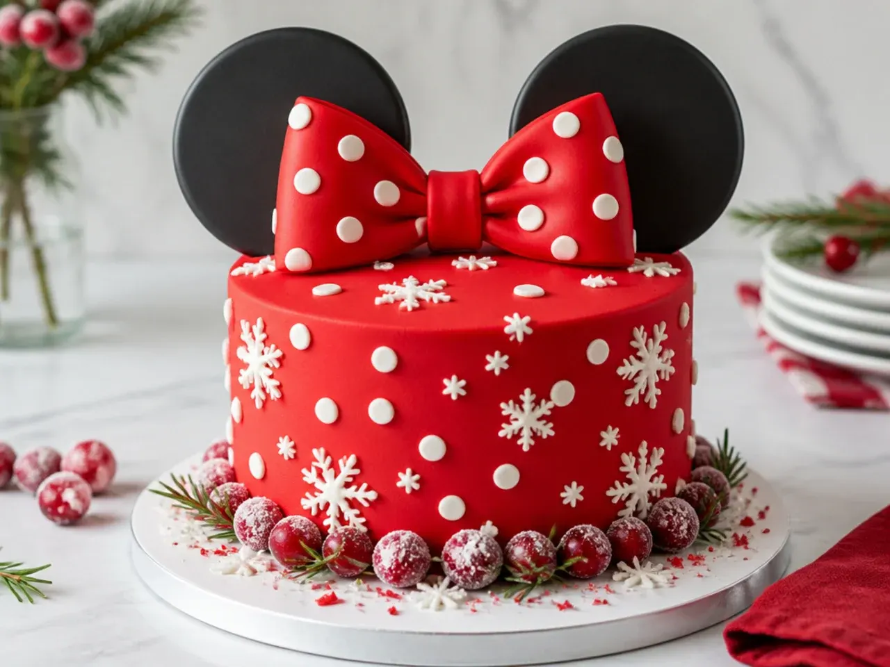 Festive red Minnie Mouse holiday cake with snowflake dots and sugared cranberries
